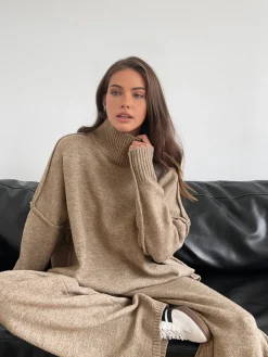 Online Plain Turtleneck Knit Pants Set Pants Sets|Knitwear