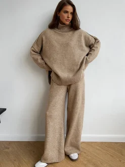 Online Plain Turtleneck Knit Pants Set Pants Sets|Knitwear