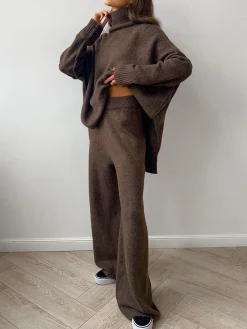 Online Plain Turtleneck Knit Pants Set Pants Sets|Knitwear