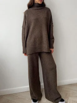 Online Plain Turtleneck Knit Pants Set Pants Sets|Knitwear