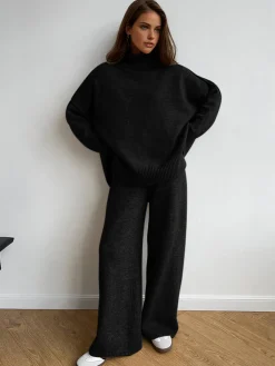 Online Plain Turtleneck Knit Pants Set Pants Sets|Knitwear