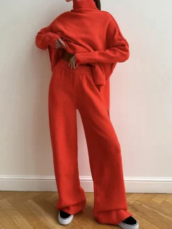 Online Plain Turtleneck Knit Pants Set Pants Sets|Knitwear