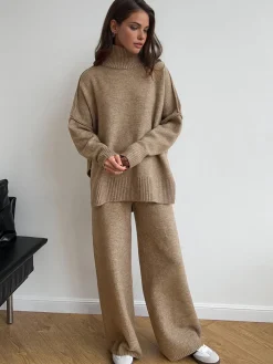 Online Plain Turtleneck Knit Pants Set Pants Sets|Knitwear