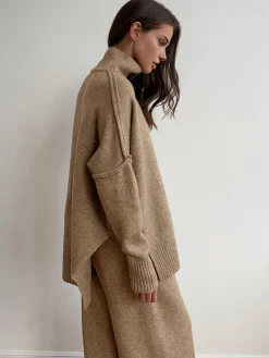 Online Plain Turtleneck Knit Pants Set Pants Sets|Knitwear