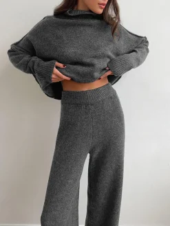 Online Plain Turtleneck Knit Pants Set Pants Sets|Knitwear