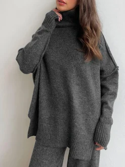 Online Plain Turtleneck Knit Pants Set Pants Sets|Knitwear