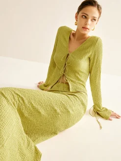 Clearance Plain V-Neck Lace Up Skirt Set Skirt Sets|Long Sleeve Sets