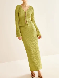 Clearance Plain V-Neck Lace Up Skirt Set Skirt Sets|Long Sleeve Sets