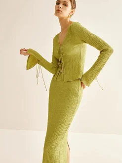 Clearance Plain V-Neck Lace Up Skirt Set Skirt Sets|Long Sleeve Sets