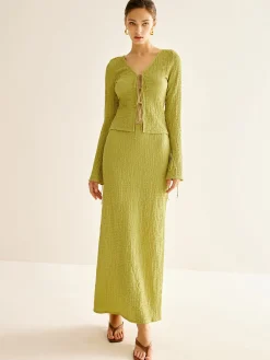 Clearance Plain V-Neck Lace Up Skirt Set Skirt Sets|Long Sleeve Sets