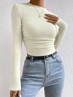 New Plain Waffle Slim Sweater T-shirts|Tops