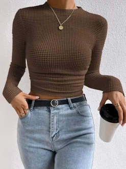 New Plain Waffle Slim Sweater T-shirts|Tops