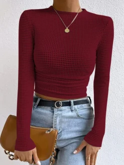 New Plain Waffle Slim Sweater T-shirts|Tops