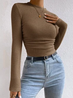 New Plain Waffle Slim Sweater T-shirts|Tops