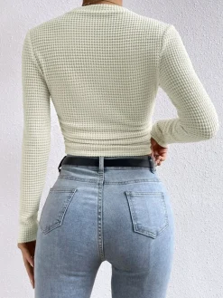 New Plain Waffle Slim Sweater T-shirts|Tops