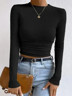 New Plain Waffle Slim Sweater T-shirts|Tops