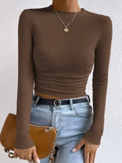 New Plain Waffle Slim Sweater T-shirts|Tops