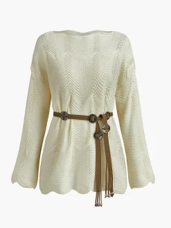 New Plain Wave Trim Belted Sweater Sweater Tops|Sweaters & Cardigans