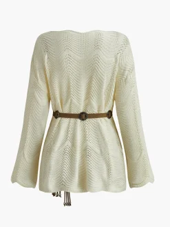 New Plain Wave Trim Belted Sweater Sweater Tops|Sweaters & Cardigans