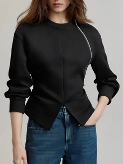 Outlet Plain Zipper Split Blouse Blouses & Shirts|Tops
