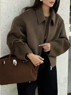 Clearance Plain Zipper Tweed Jacket Outerwear|Jackets