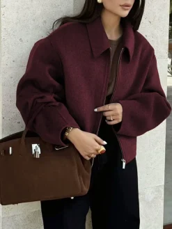 Clearance Plain Zipper Tweed Jacket Outerwear|Jackets