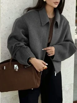 Clearance Plain Zipper Tweed Jacket Outerwear|Jackets