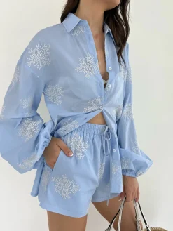 Hot Plant Embroidery Casual Shorts Set Shorts Sets|Shorts