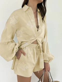 Hot Plant Embroidery Casual Shorts Set Shorts Sets|Shorts