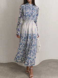 Outlet Plant Pattern Printed Pleated Long Dress Casual Dresses|Work Dresses