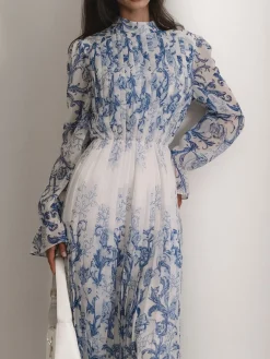 Outlet Plant Pattern Printed Pleated Long Dress Casual Dresses|Work Dresses