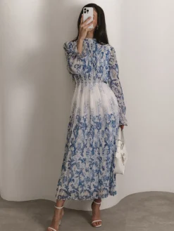 Outlet Plant Pattern Printed Pleated Long Dress Casual Dresses|Work Dresses