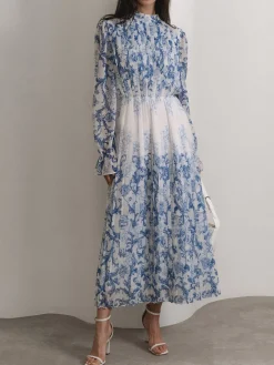 Outlet Plant Pattern Printed Pleated Long Dress Casual Dresses|Work Dresses