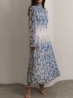 Outlet Plant Pattern Printed Pleated Long Dress Casual Dresses|Work Dresses