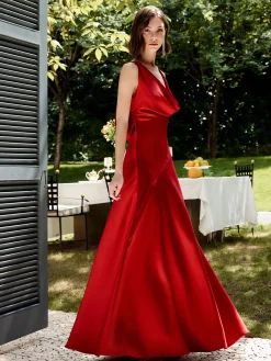 Clearance Pleated Backless Satin Tank Long Dress Cocktail & Party Dresses|Summer Dresses
