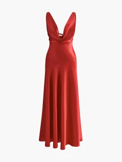 Clearance Pleated Backless Satin Tank Long Dress Cocktail & Party Dresses|Summer Dresses