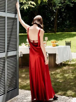 Clearance Pleated Backless Satin Tank Long Dress Cocktail & Party Dresses|Summer Dresses