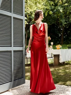 Clearance Pleated Backless Satin Tank Long Dress Cocktail & Party Dresses|Summer Dresses