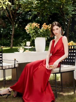 Clearance Pleated Backless Satin Tank Long Dress Cocktail & Party Dresses|Summer Dresses