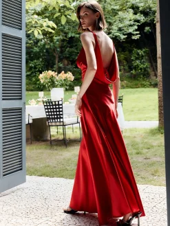 Clearance Pleated Backless Satin Tank Long Dress Cocktail & Party Dresses|Summer Dresses