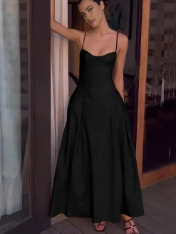 Outlet Pleated Cami Long Dress Black Dresses|Casual Dresses