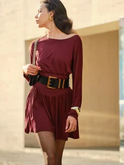 Discount Pleated Cinched Waist Dress Without Belt Casual Dresses|Cocktail & Party Dresses