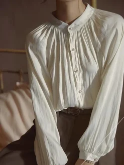Hot Pleated Collar Pearl Button Shirt Blouses & Shirts|Tops