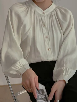 Hot Pleated Collar Pearl Button Shirt Blouses & Shirts|Tops