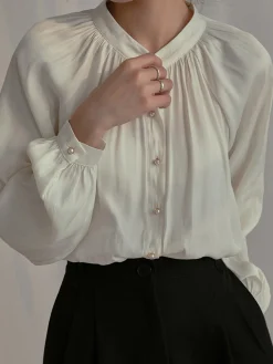 Hot Pleated Collar Pearl Button Shirt Blouses & Shirts|Tops