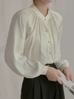Hot Pleated Collar Pearl Button Shirt Blouses & Shirts|Tops