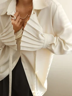 Pleated Cuff Collar Tied Button Shirt Blouses & Shirts|Tops