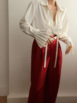 Pleated Cuff Collar Tied Button Shirt Blouses & Shirts|Tops