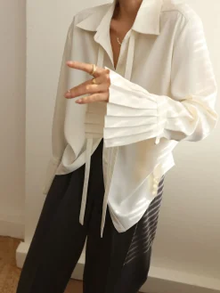 Pleated Cuff Collar Tied Button Shirt Blouses & Shirts|Tops