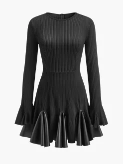 Pleated Faux Leather Panel Dress Black Dresses|Casual Dresses